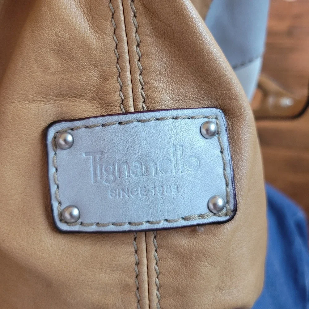 Tignanello‎ Leather Colorblock Hobo Shoulder Bag Purse Y2K Tan Cream Striped Vtg